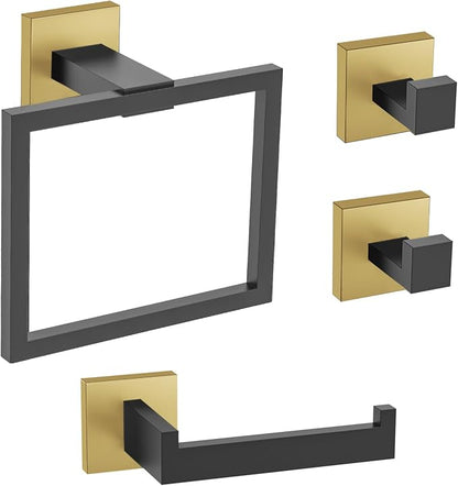 TURS Bathroom Accessory Set Black and Gold Towel Ring Set Stainless Steel Toilet Paper Holder Towel Ring Robe Hook Wall Mount