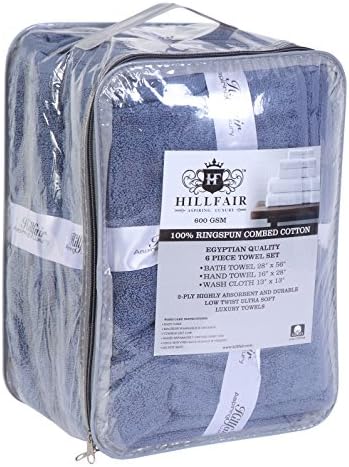 HILLFAIR Premium 600 GSM - 100% Cotton - 6 Piece Bath Towel Set - Blue