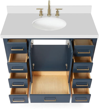 ARIEL Cambridge 42-inch Bathroom Vanity with Sink,Solid Wood, 1.5-inch Pure White Quartz Countertop & Backsplash, Single Oval Porcelain Sink, 2 Soft Closing Doors, 9 Dovetail Drawers, Midnight Blue