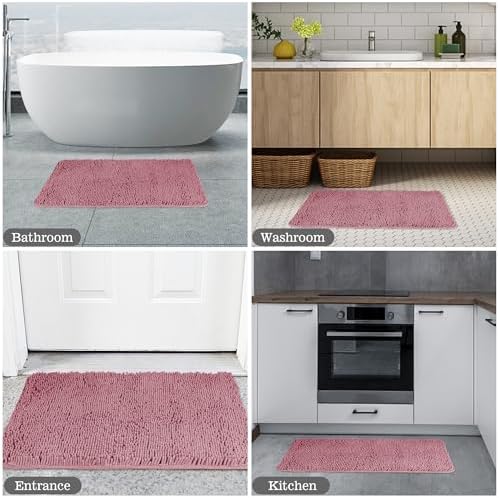 Yeaban Chenille Dusty Rose Bathroom Rug 17"x24", Non-Slip Rubber Backing