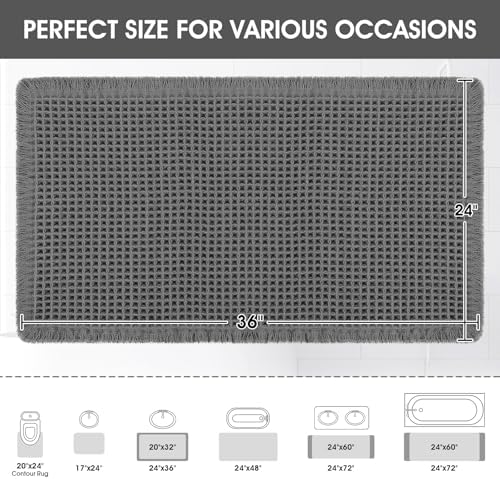 ACCUMTEK Upgraded Waffle Bath Mat, 36"x24" Grey, Super Absorbent Non-Slip Quick Dry Bathroom Rugs with Tassels, Machine Washable Ultra Soft Boho Bath Rugs for Floor, Toilet Mats Boho Farmhouse Decor