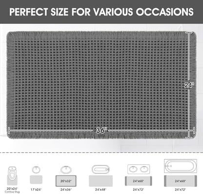 ACCUMTEK Upgraded Waffle Bath Mat, 36"x24" Grey, Super Absorbent Non-Slip Quick Dry Bathroom Rugs with Tassels, Machine Washable Ultra Soft Boho Bath Rugs for Floor, Toilet Mats Boho Farmhouse Decor