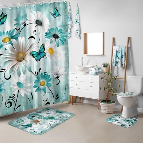 FuWeave 8 Pcs Vintage Daisy Shower Curtain Set Bathroom Decor Daisy Waterproof Bathroom Accessories Shower Curtain Sets with Towels Carpet Bath Mat Toilet Rugs and 12 Hooks