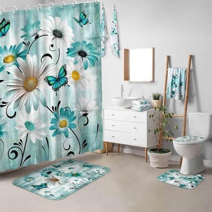 FuWeave 8 Pcs Vintage Daisy Shower Curtain Set Bathroom Decor Daisy Waterproof Bathroom Accessories Shower Curtain Sets with Towels Carpet Bath Mat Toilet Rugs and 12 Hooks