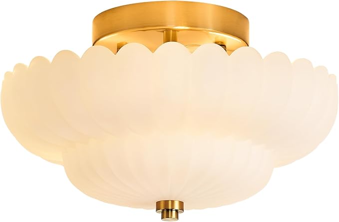 Glass Semi Flush Mount Ceiling Light Fixture,Gold,11.8 in,3-Lights | Milk White Frosted Glass,E26 Base,Support Dimmable,for Hallway,Bedroom,Bathroom,Entryway,Kitchen,Foyer,Closet,Laundry Room