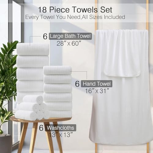 18 Piece Family Bath Towel Set Include 6 Bath Towels,6 Hand Towels and 6 Washcloths Soft Bathroom Towel with Hanging Loops,Highly Absorbent Quick Dry Towels Set for Bathroom,Hotel and Spa-White