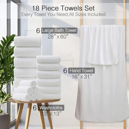 18 Piece Family Bath Towel Set Include 6 Bath Towels,6 Hand Towels and 6 Washcloths Soft Bathroom Towel with Hanging Loops,Highly Absorbent Quick Dry Towels Set for Bathroom,Hotel and Spa-White