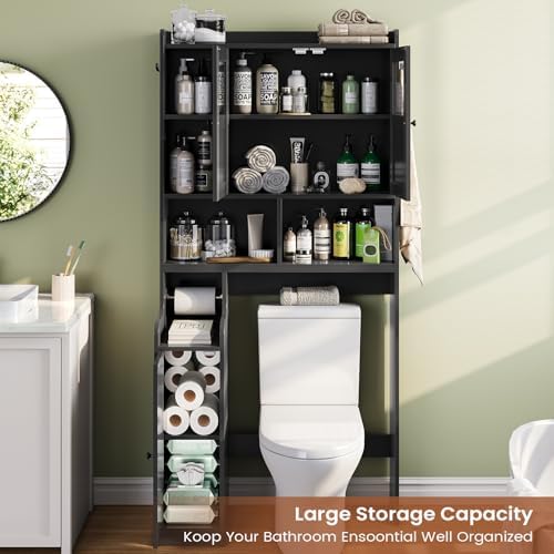 Itaar Over The Toilet Storage Cabinet, Over Toilet Bathroom Organizer with Glass Doors & Toilet Paper Holder Stand, Home Space-Saving Toilet Rack, for Bathroom, Restroom, Laundry(Black)