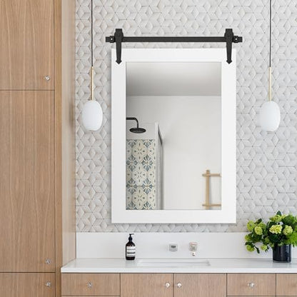 Bathroom Mirror for Over Sink 26”x40” Farmhouse Barn Door Mirror Rustic Wood Framed Wall Mirror for Bathroom, Bedroom, Entryway (Bright White)
