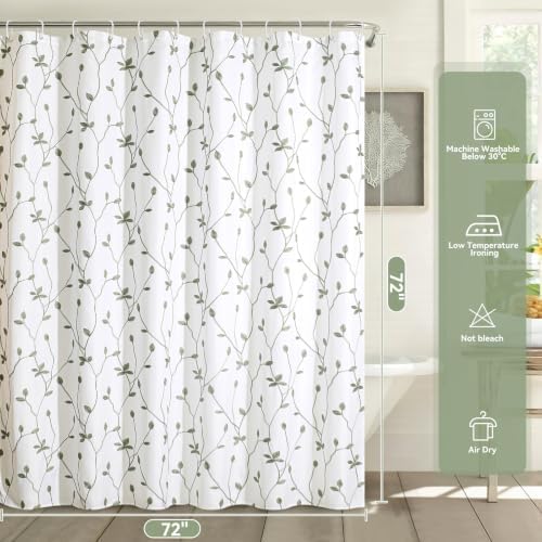 Embroidered Leaf Farmhouse Shower Curtain,Faux Linen,72x72,White Sage Green