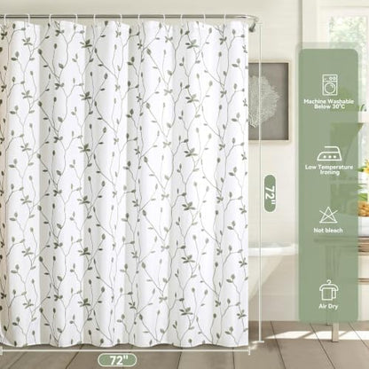 Embroidered Leaf Farmhouse Shower Curtain,Faux Linen,72x72,White Sage Green