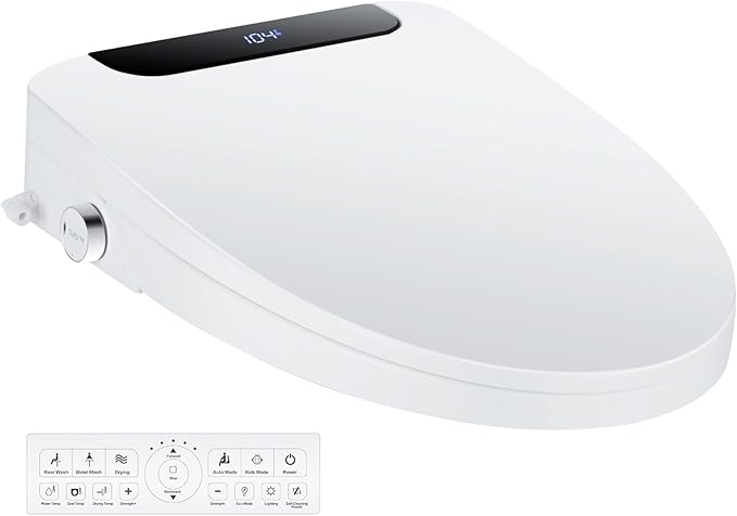 Bidet Toilet Seat, Elongated, Electric, Warm Water, Air Dryer, Heated Seat and Slow Close Lid, Front and Rear Wash, Night light, Wireless Remote, Black,102 (Elongated)