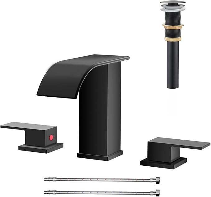 Matte Black Waterfall Bathroom Faucet 3 Hole, 8 Inch Widespread Modern 3 Piece Bathroom Sink Faucet, Touch On Lavatory Faucet for Vanity RV Restroom, Curved Spout