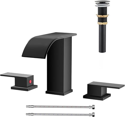 Matte Black Waterfall Bathroom Faucet 3 Hole, 8 Inch Widespread Modern 3 Piece Bathroom Sink Faucet, Touch On Lavatory Faucet for Vanity RV Restroom, Curved Spout