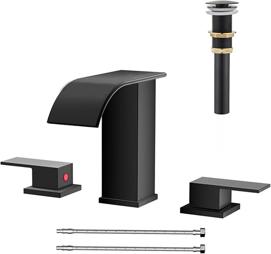 Matte Black Waterfall Bathroom Faucet 3 Hole, 8 Inch Widespread Modern 3 Piece Bathroom Sink Faucet, Touch On Lavatory Faucet for Vanity RV Restroom, Curved Spout