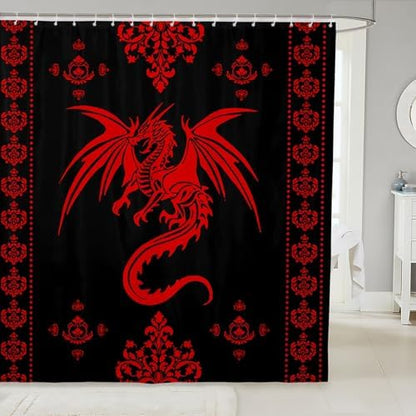 Feelyou Dragon Shower Curtain Kids Boys Teens Gothic Damask Paisley Floral Bathroom Waterproof Accessories with 12 Hooks 72x72 Inches Women Bohemian Exotic Animal Theme Room Decor,Red Black
