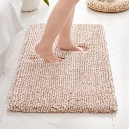 Disolla Bathroom Rug 20x32 - Non-Slip Plush Thick Bath Mat, Highly Absorbent & Ultra Soft Fluffy Floor Mat, Machine Washable for Shower and Tub, Beige & White