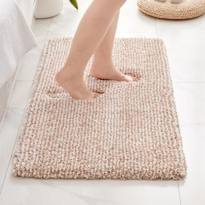 Disolla Bathroom Rug 20x32 - Non-Slip Plush Thick Bath Mat, Highly Absorbent & Ultra Soft Fluffy Floor Mat, Machine Washable for Shower and Tub, Beige & White