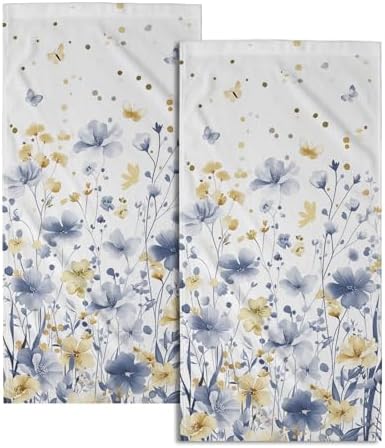 Blue Floral Hand Towels 14x28 Inch Grey Yellow Watercolor Flower Absorbent Microfiber Soft Dish Washing Cloth Face Tea Towel for Home Hotel Gym Laundry Room Kitchen Bathroom Decor