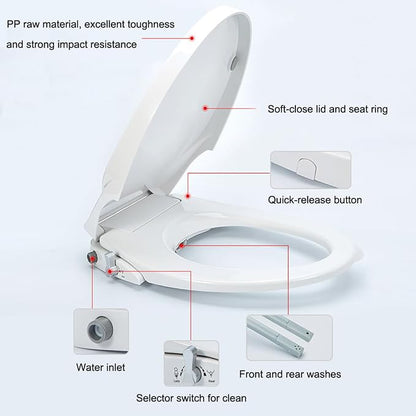 Non-Electric Bidet Toilet Seat Attachment with Dual Nozzles, Quiet Slow Close Toilet Seat, Adjustable Water Pressure, Easy Installation (Round)
