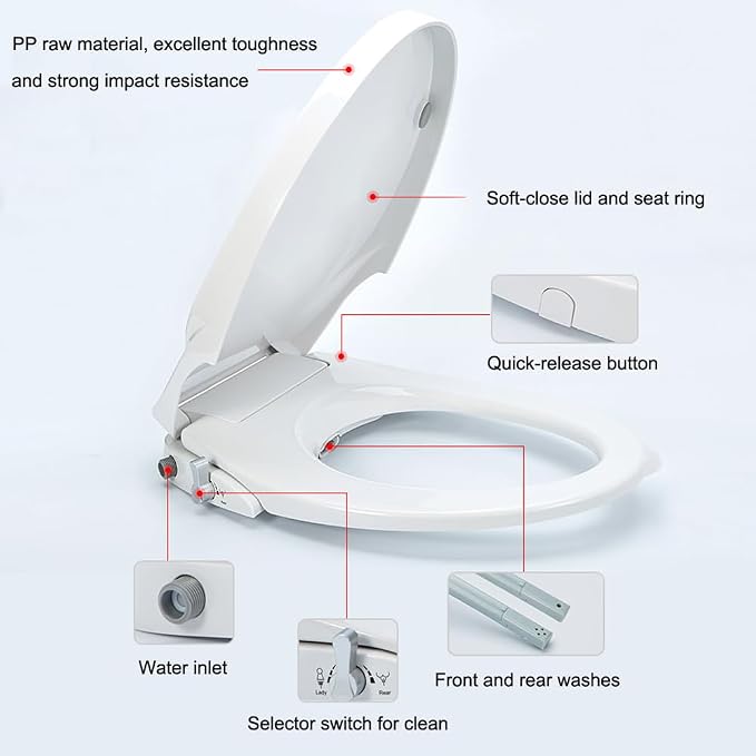 Non-Electric Bidet Toilet Seat Attachment with Dual Nozzles, Quiet Slow Close Toilet Seat, Adjustable Water Pressure, Easy Installation (Elongated)