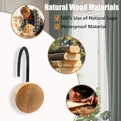 Shower Curtain Hooks, Wood Decorative Shower Curtain Rings, Modern Round Log Shower Curtain Hangers, 12PCS Shower Hooks for Shower Curtain Rod, Bedroom, Living Room (Black 1)