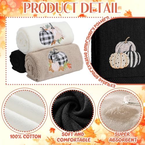 FuWeave 3 Pcs Black White Fall Pumpkin Hand Towels for Bathroom