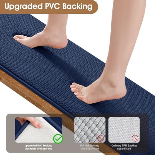 Memory Foam Bath Mat Set 3 Piece, Ultra Soft Absorbent Waffle Bathroom Rugs, Super Non-Slip PVC Backing Bath Rug Quick Dry, Machine Washable Rug for Tub, Shower, Home Decor Accessory, Navy Blue