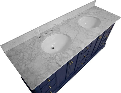 Bella 72-inch Double Bathroom Vanity (Carrara/Royal Blue): Includes Royal Blue Cabinet with Authentic Italian Carrara Marble Countertop and White Ceramic Sinks