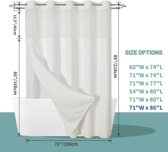 eachope No Hook Long Waffle Shower Curtain, Snap-in Liner, 71x86 in, Cream | 230 GSM waffle weave fabric, waterproof liner set with 2 bottom magnets, mesh top window, washable, for bathroom or hotel use