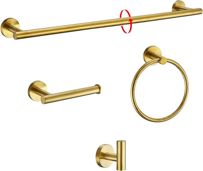 Bathroom Hardware Set, Brushed Gold, 24in, 4-Piece | Stainless Steel, Wall-Mounted, Towel Bar, Toilet Paper Holder, Towel Ring, Towel Hooks, Adjustable
