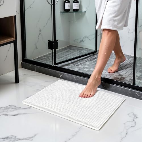 SUBRTEX Bathroom Rugs, 24" x 44" Chenille Bath Rug Soft Short Plush Bath Mat Soft Shower Mat Water Absorbent Shower Mat Quick Dry Machine Washable, White