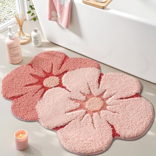 LUMI Flower Bathroom Rug, Absorbent Non Slip Bath Mat, 24"x36", Pink Flower