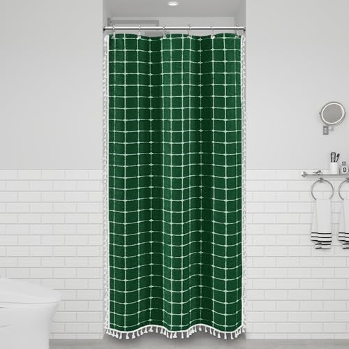 BTTN Stall Boho Farmhouse Linen Shower Curtain Set, 36x72, Emerald Green