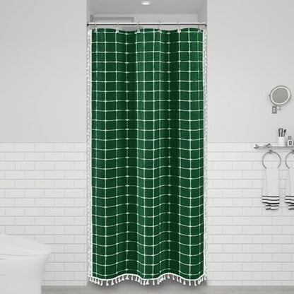 BTTN Stall Boho Farmhouse Linen Shower Curtain Set, 36x72, Emerald Green