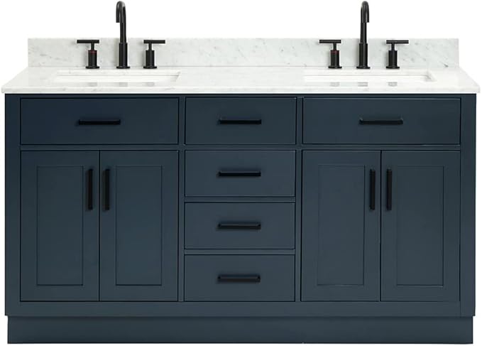 ARIEL Hepburn 60-inch Bathroom Vanity with Sink,Solid Wood, 0.75-inch Italian Carrara Marble Countertop, Double Rectangular Porcelain Sink, 4 Soft Closing Doors, 6 Dovetail Drawers, Midnight Blue