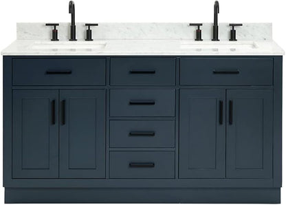 ARIEL Hepburn 60-inch Bathroom Vanity with Sink,Solid Wood, 0.75-inch Italian Carrara Marble Countertop, Double Rectangular Porcelain Sink, 4 Soft Closing Doors, 6 Dovetail Drawers, Midnight Blue