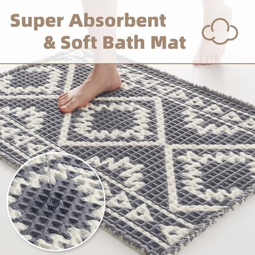 PADOOR-Waffle Bathroom Runner 24"x72", Super Absorbent Bath Mats for Bathroom, Machine Washable Non Slip Bath Rug with Tassels, Soft Bath Mat for Laundry Room, Bedroom, Grey & Cream, 2'x 6'