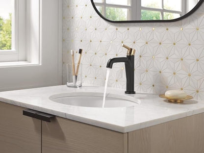 Delta Nicoli Matte Black/ Brushed Gold Bathroom Faucet 1 Hole, Single Hole Bathroom Sink Faucet for Vanity, Push-Pop Drain Assembly, Matte Black/ Champagne Bronze 15849LF-GZ