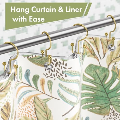 Amazer Gold Shower Curtain Hooks, 12PCS Minimalist Simple Double Shower Curtain Rings, Rust-Resistant Metal Shower Hooks Shower Curtain Hangers, Shower Rings for Bathroom Shower Rods Curtains