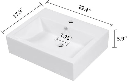 Rectangle Wall Mounted Bathroom Sink 22"x18" | Porcelain Floating Bathroom Sink Wall Hung White Ceramic Vanity Sink for Restroom, Toilet, Lavatory Room