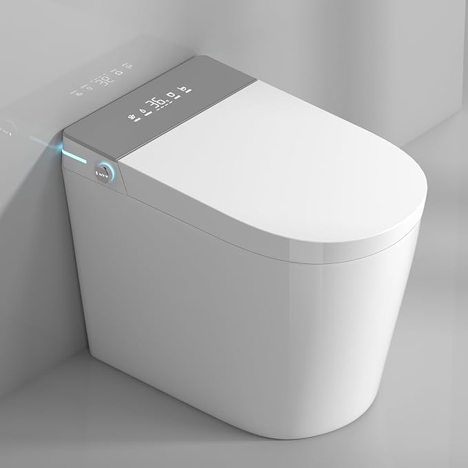WinZo 23" Compact Smart Toilet with Bidet Seat Built-in For Small Bathroom, Auto Flush, LED Night Light,Heated Bidet with Warm Air Drying (White with Grey Panel)