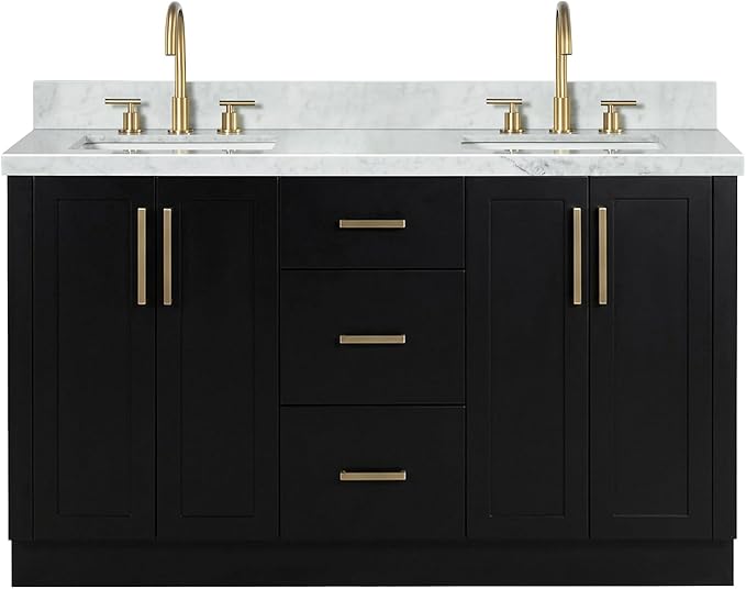 ARIEL Loren 60-inch Bathroom Vanity with Sink,Solid Wood, 1.5-inch Italian Carrara Marble Countertop, Double Rectangular Porcelain Sink, 4 Soft Closing Doors, 3 Dovetail Drawers, Black