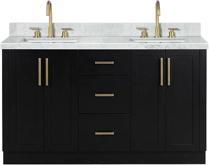 ARIEL Loren 60-inch Bathroom Vanity with Sink,Solid Wood, 1.5-inch Italian Carrara Marble Countertop, Double Rectangular Porcelain Sink, 4 Soft Closing Doors, 3 Dovetail Drawers, Black