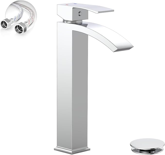 Chrome Vessel Sink Faucet, Waterfall Bathroom Faucets | Brass, Tall Spout, 1 Hole Single Handle Bathroom Faucet, Modern Basin Taps with Supply Line, Pop Up Drain, Without Overflow