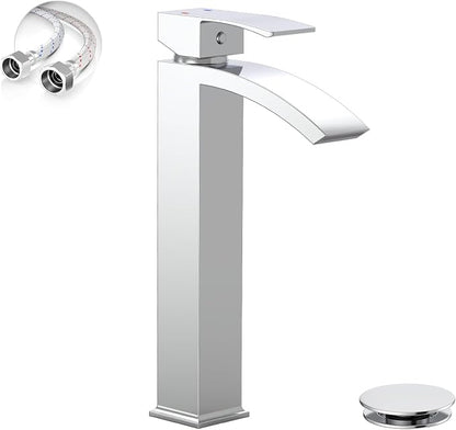 Chrome Vessel Sink Faucet, Waterfall Bathroom Faucets | Brass, Tall Spout, 1 Hole Single Handle Bathroom Faucet, Modern Basin Taps with Supply Line, Pop Up Drain, Without Overflow