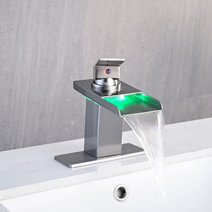 LED Bathroom Sink Faucet, Brushed Nickel Waterfall Single Hole Handle Vanity Faucets for Sinks 1 Hole with Metal Pop Up Drain and 2 Water Supply Lines, Stainless Steel Spout