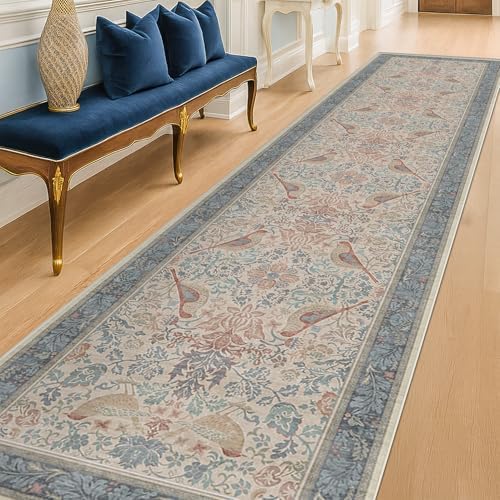 Hazo Haus Soft Red Blue 2x10 Long Hallway Runner Rug, Boho Farmhouse Rug for Mudroom Kitchen and Bathroom, Non-Slip Low-Pile Washable Stain Resistant, Vintage Natural Botanical & Bird Pattern Décor