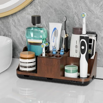 Boperzi Bathroom Counter Organizer for Vanity & Sink Storage: Detachable Electric Toothbrush and Toothpaste Holder, Water Flosser Holder, Bathroom Decor and Accessories Organization Set(Walnut Black)