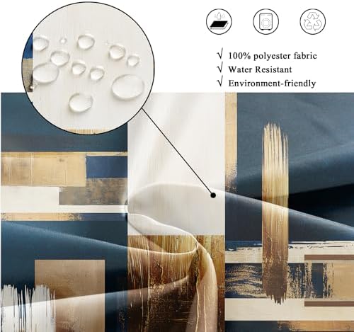 Riyidecor Navy Blue Gold Abstract Shower Curtain for Bathroom Decor 72Wx72H Boho Beige Oil Painting Modern Neutral Aesthetic Artistic Art Printed Fabric Polyester Waterproof 12 Pack Plastic Hooks